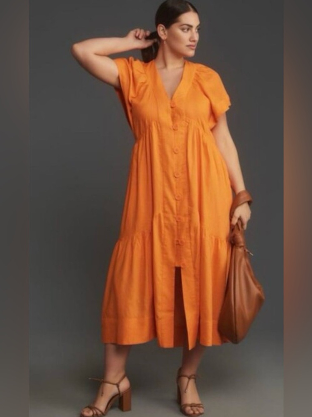 Anthropologie Orange Button-Front Midi Dress